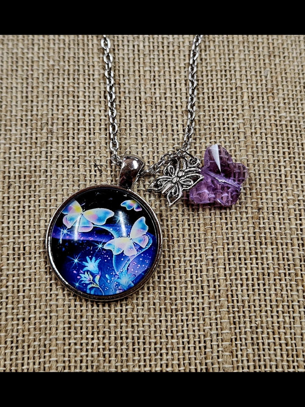 Silver-tone Blue Butterfly Pendant Necklace with Purple Crystal Charm
